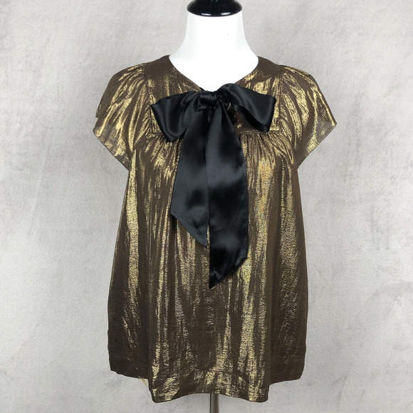 Banana Republic Tops - NWOT BANANA REPUBLIC Silk Metallic‎ Top Sz S Gold Tie Neck Short Sleeve Lined